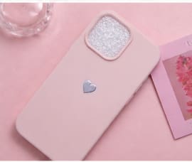 iPhone 16 Pro Max Case – Soft Matte Candy Colors with Glitter Camera Frame – Cute Heart Design Cover