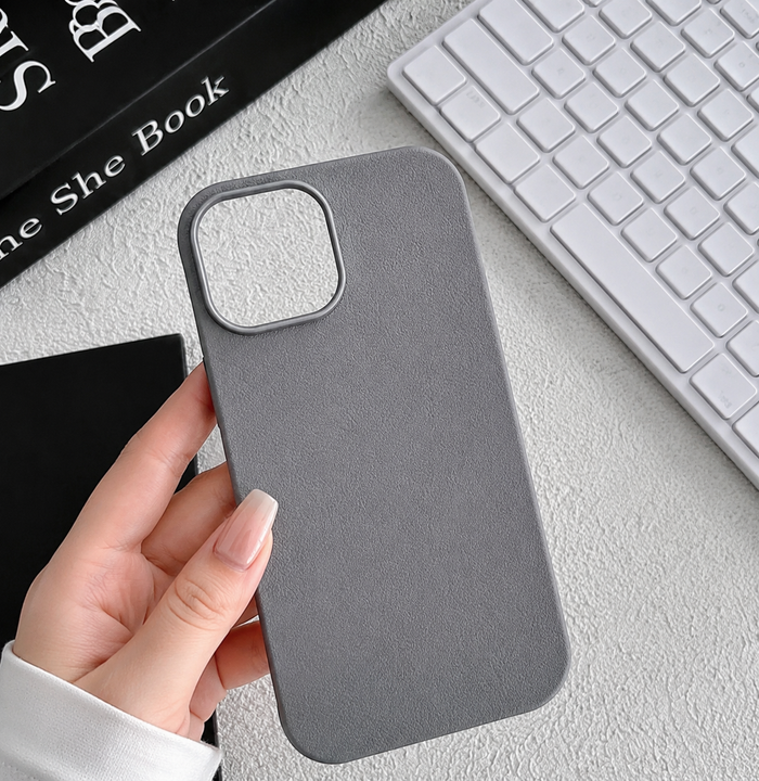 iPhone 16 Pro Max Gray Plain Leather Texture Case – Slim Shockproof Camera Protection Cover