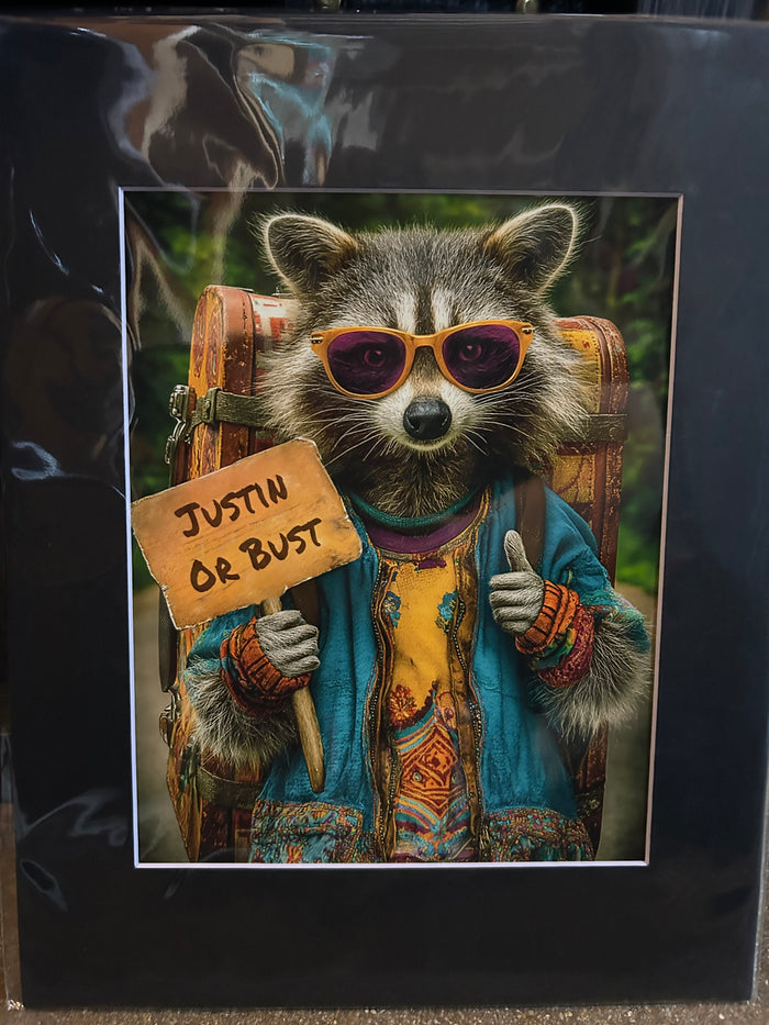 JUSTIN Hitchhiking Hippy Raccoon Wall Art Print