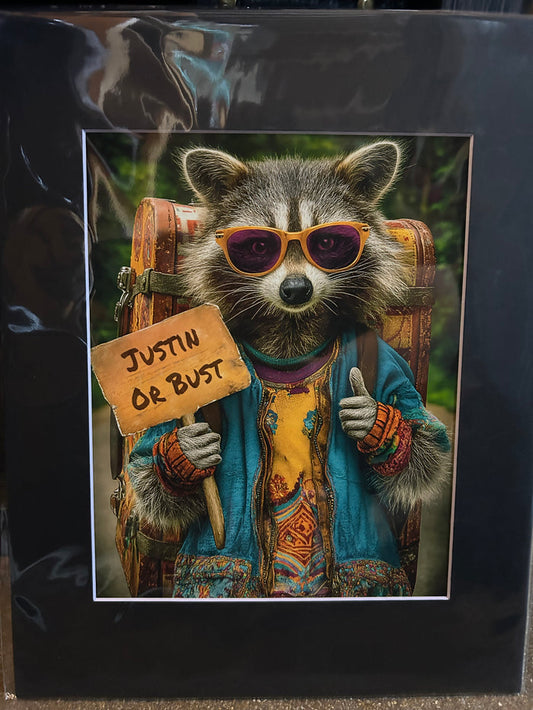 JUSTIN Hitchhiking Hippy Raccoon Wall Art Print