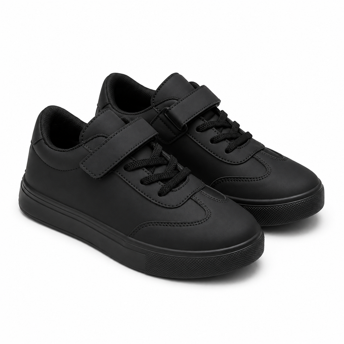 Kids Black Casual Sneakers with Hook and Loop Strap, Comfortable Everyday Shoes