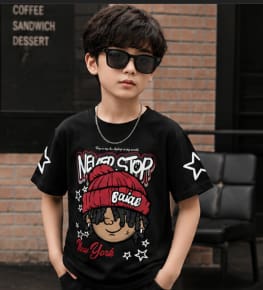 Kids Black Graphic T-Shirt with Cartoon Print – Short Sleeve Casual Tee