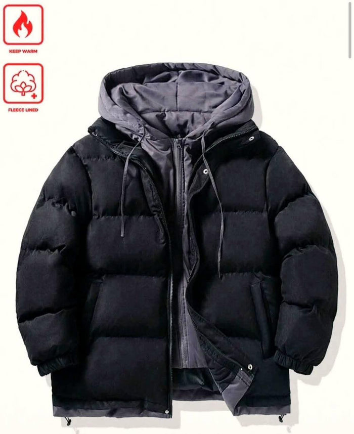 Kids Black Hooded Puffer Jacket with Fleece Lining, Warm Winter Coat