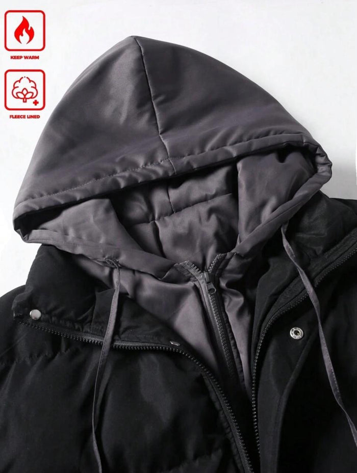 Kids Black Hooded Puffer Jacket with Fleece Lining, Warm Winter Coat