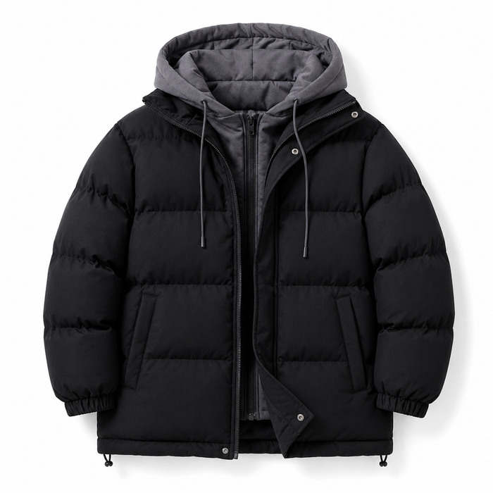 Kids Black Hooded Puffer Jacket with Fleece Lining, Warm Winter Coat