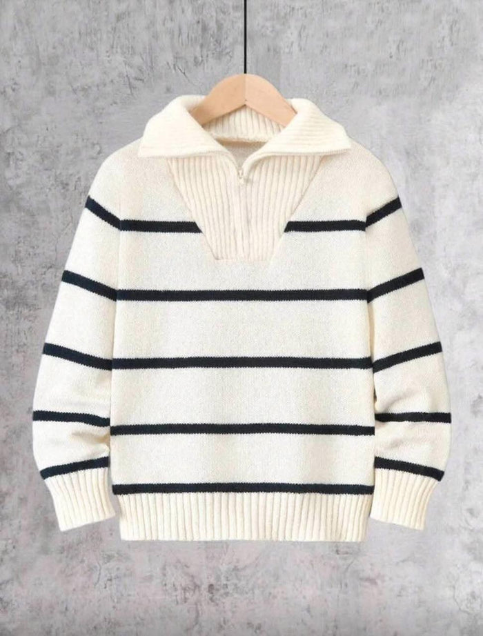 Kids Cream Striped Knit Pullover Sweater with Collar, Soft Long Sleeve Winter Top