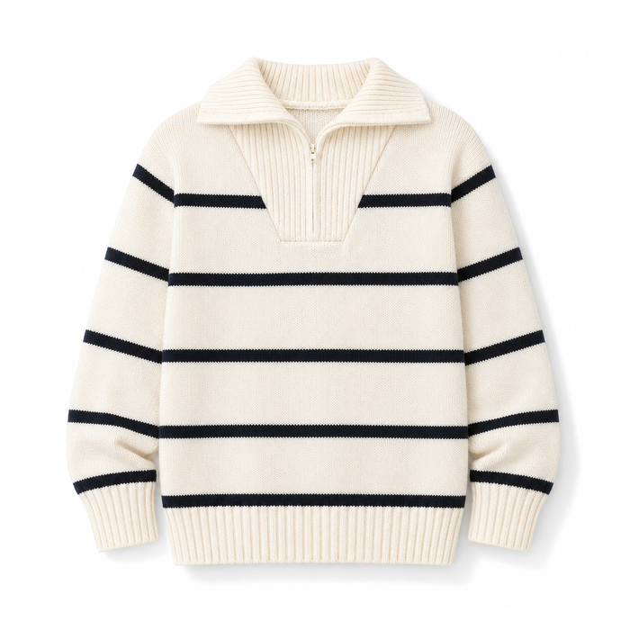 Kids Cream Striped Knit Pullover Sweater with Collar, Soft Long Sleeve Winter Top