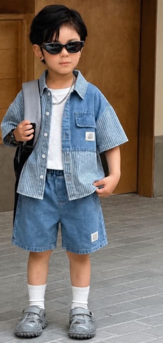 Kids Denim Two Piece Outfit, Short Sleeve Patchwork Button Shirt and Matching Denim Shorts Set