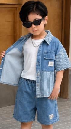 Kids Denim Two Piece Outfit, Short Sleeve Patchwork Button Shirt and Matching Denim Shorts Set
