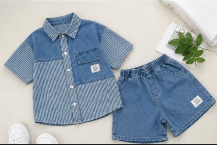 Kids Denim Two Piece Outfit, Short Sleeve Patchwork Button Shirt and Matching Denim Shorts Set