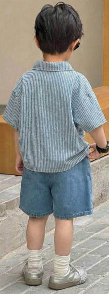 Kids Denim Two Piece Outfit, Short Sleeve Patchwork Button Shirt and Matching Denim Shorts Set