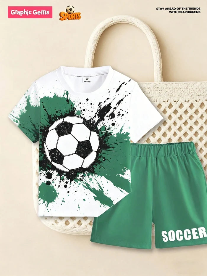 Kids Soccer Two Piece Outfit, Graphic Football T-Shirt and Green Shorts Set