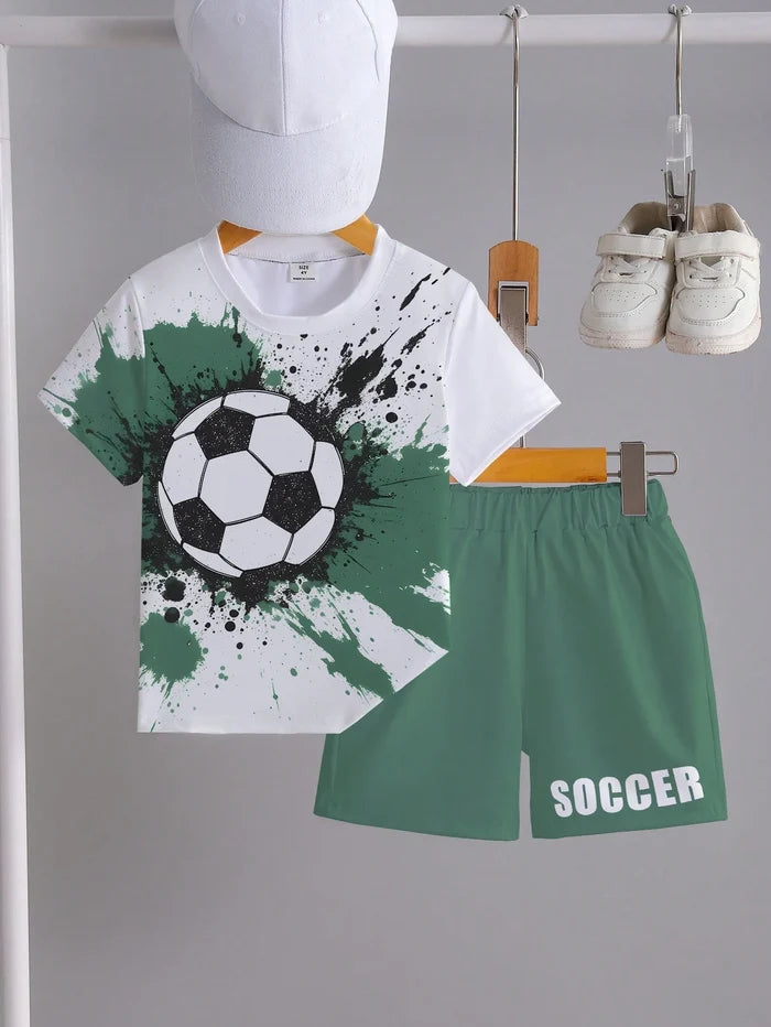 Kids Soccer Two Piece Outfit, Graphic Football T-Shirt and Green Shorts Set