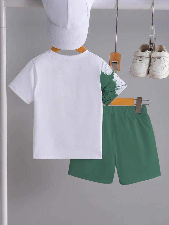 Kids Soccer Two Piece Outfit, Graphic Football T-Shirt and Green Shorts Set