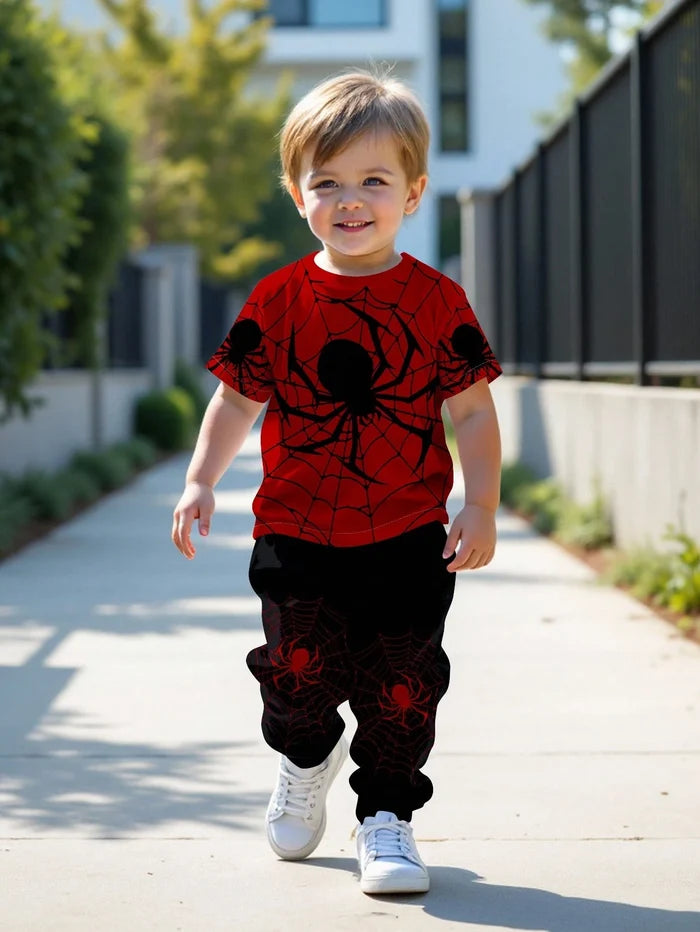 Kids Spider Web Two Piece Outfit, Red Graphic T-Shirt and Black Jogger Pants Set