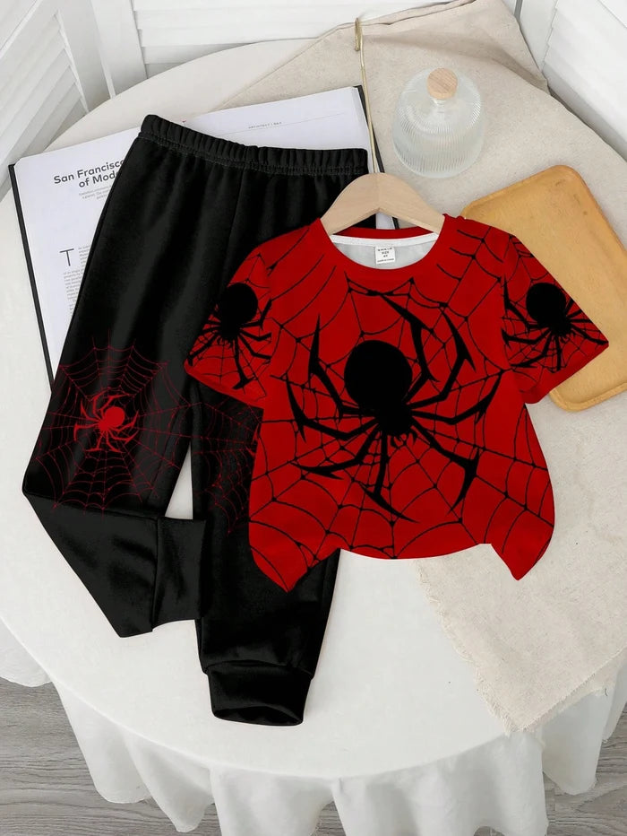 Kids Spider Web Two Piece Outfit, Red Graphic T-Shirt and Black Jogger Pants Set