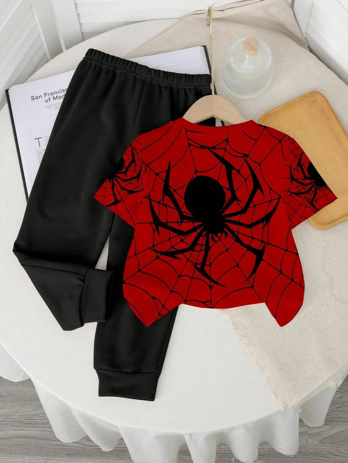 Kids Spider Web Two Piece Outfit, Red Graphic T-Shirt and Black Jogger Pants Set