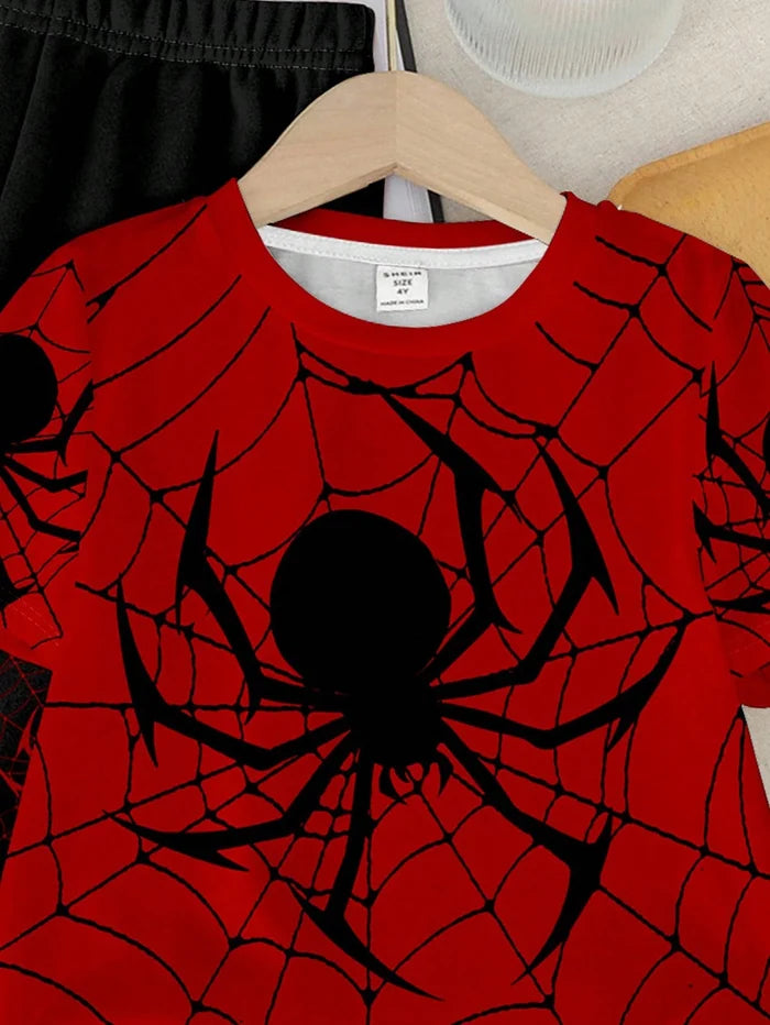 Kids Spider Web Two Piece Outfit, Red Graphic T-Shirt and Black Jogger Pants Set