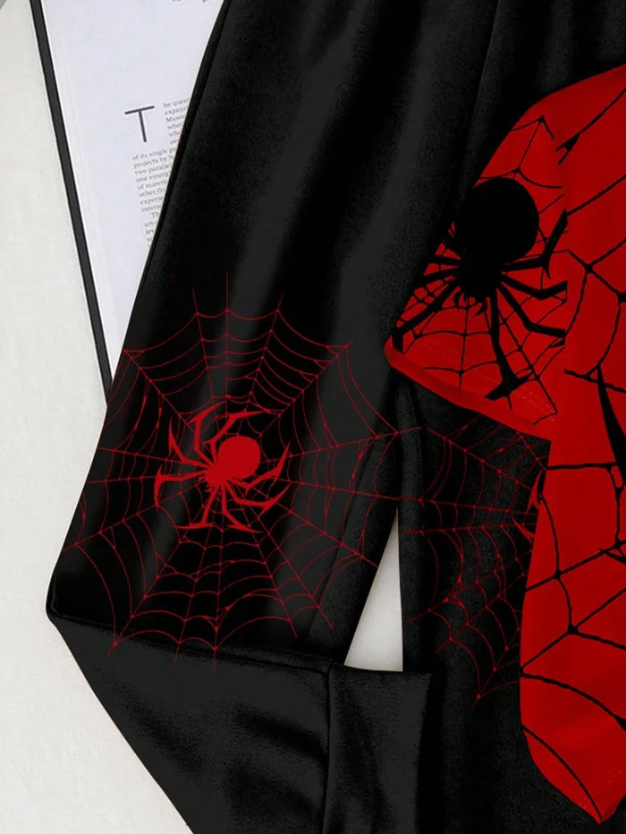 Kids Spider Web Two Piece Outfit, Red Graphic T-Shirt and Black Jogger Pants Set