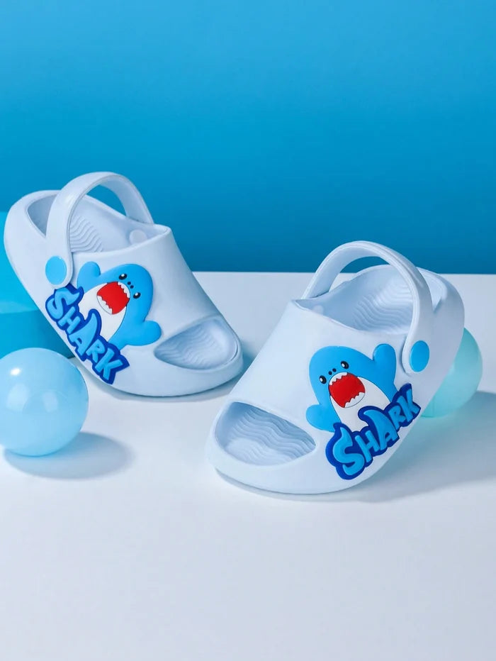 Kids White Shark Graphic Summer Sandals – Lightweight Open Toe Slip-On Shoes with Back Strap