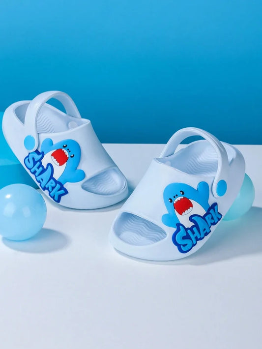 Kids White Shark Graphic Summer Sandals – Lightweight Open Toe Slip-On Shoes with Back Strap