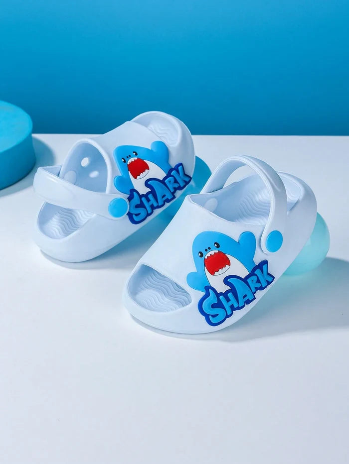 Kids White Shark Graphic Summer Sandals – Lightweight Open Toe Slip-On Shoes with Back Strap