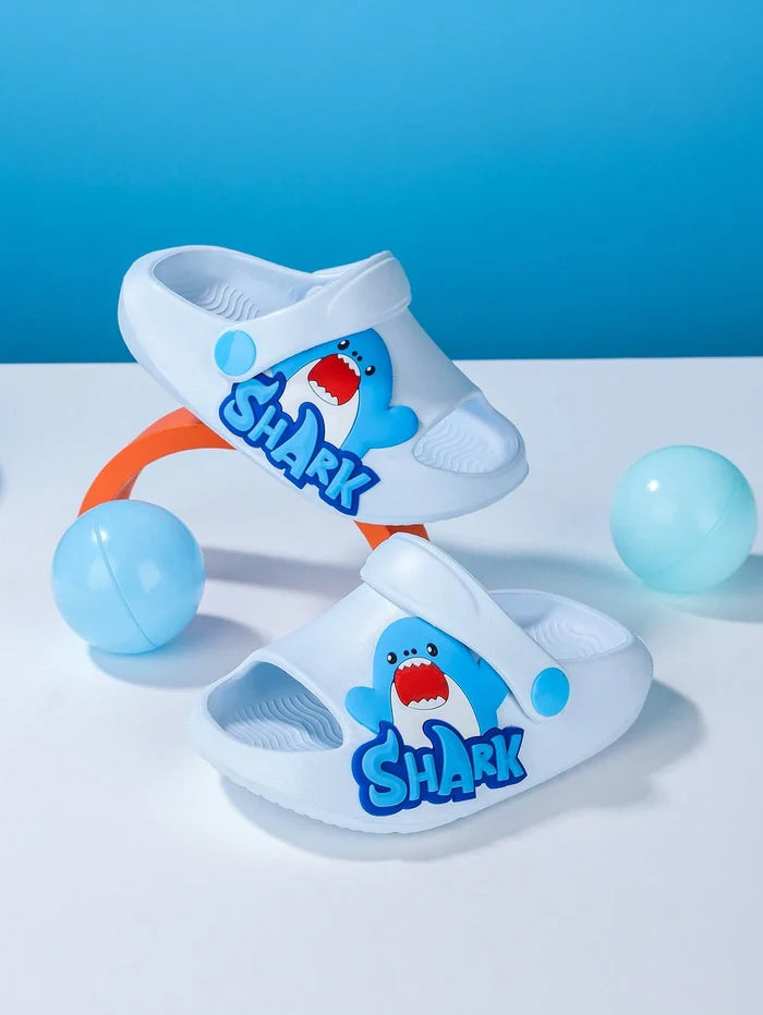 Kids White Shark Graphic Summer Sandals – Lightweight Open Toe Slip-On Shoes with Back Strap