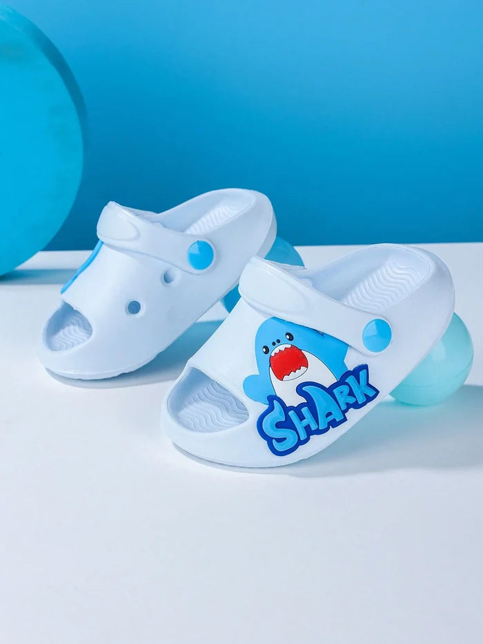 Kids White Shark Graphic Summer Sandals – Lightweight Open Toe Slip-On Shoes with Back Strap