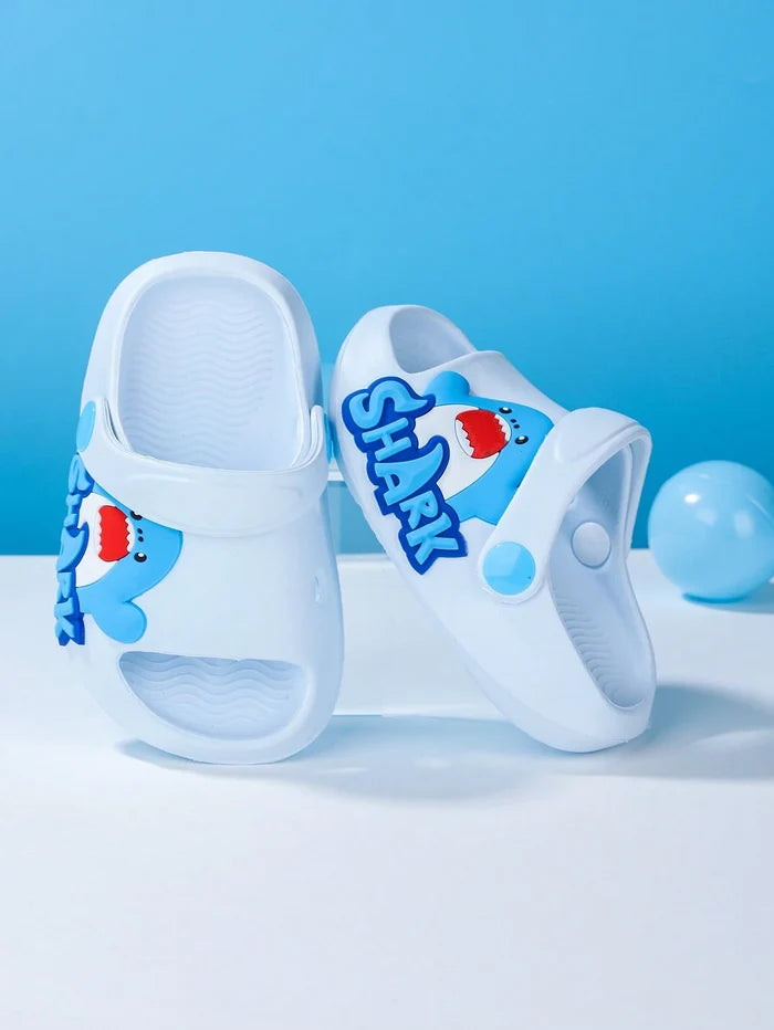 Kids White Shark Graphic Summer Sandals – Lightweight Open Toe Slip-On Shoes with Back Strap