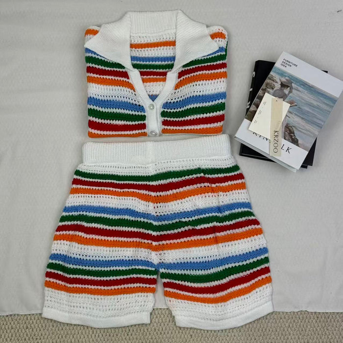 Knitted color-block short-sleeved shorts set