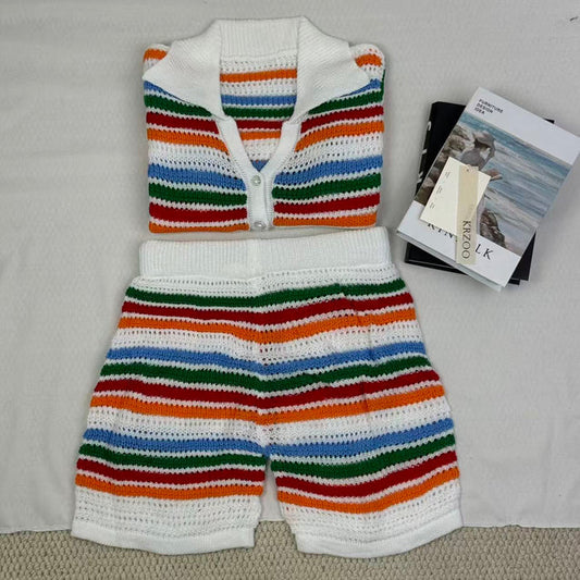 Knitted color-block short-sleeved shorts set