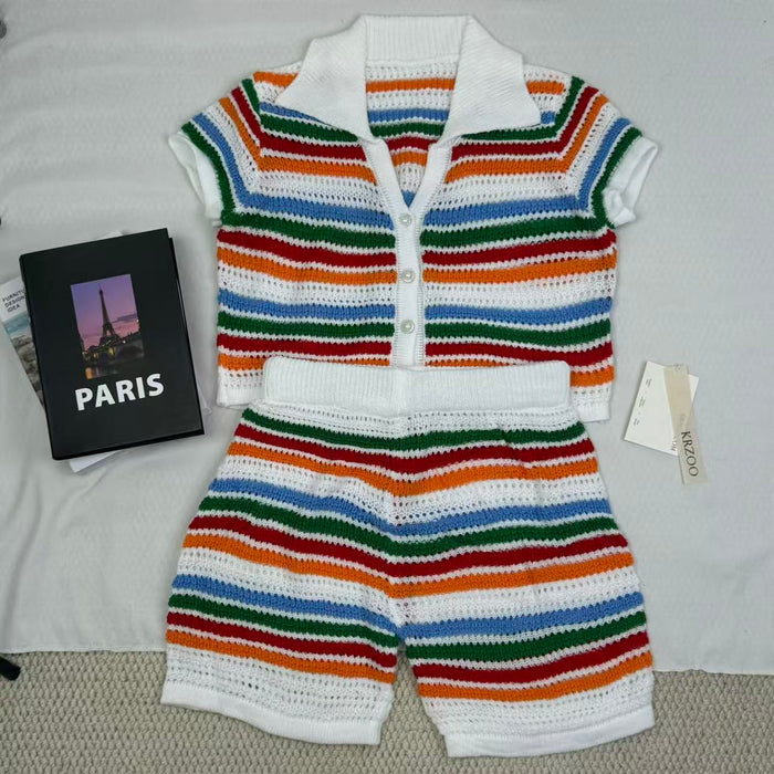 Knitted color-block short-sleeved shorts set