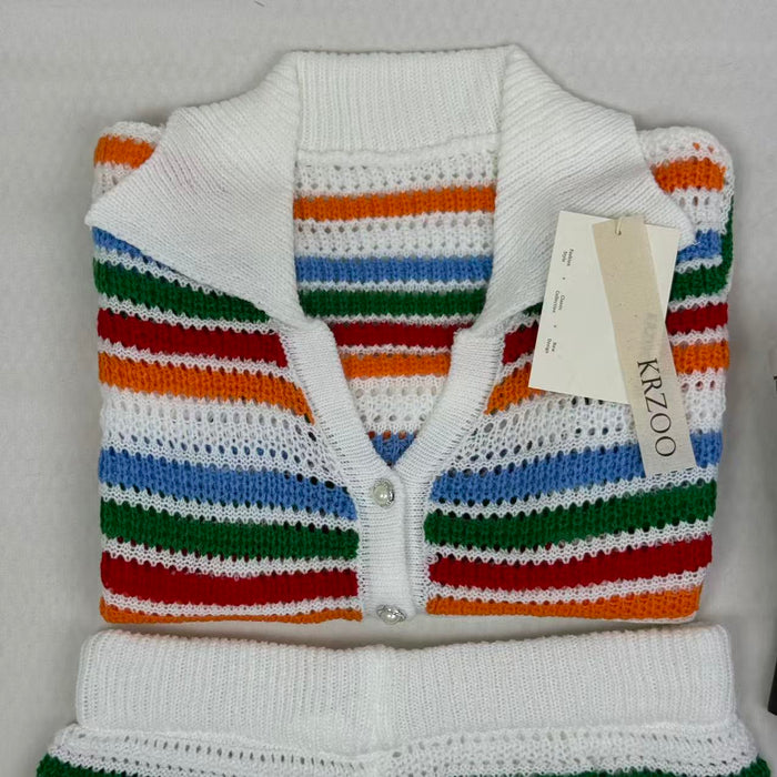 Knitted color-block short-sleeved shorts set