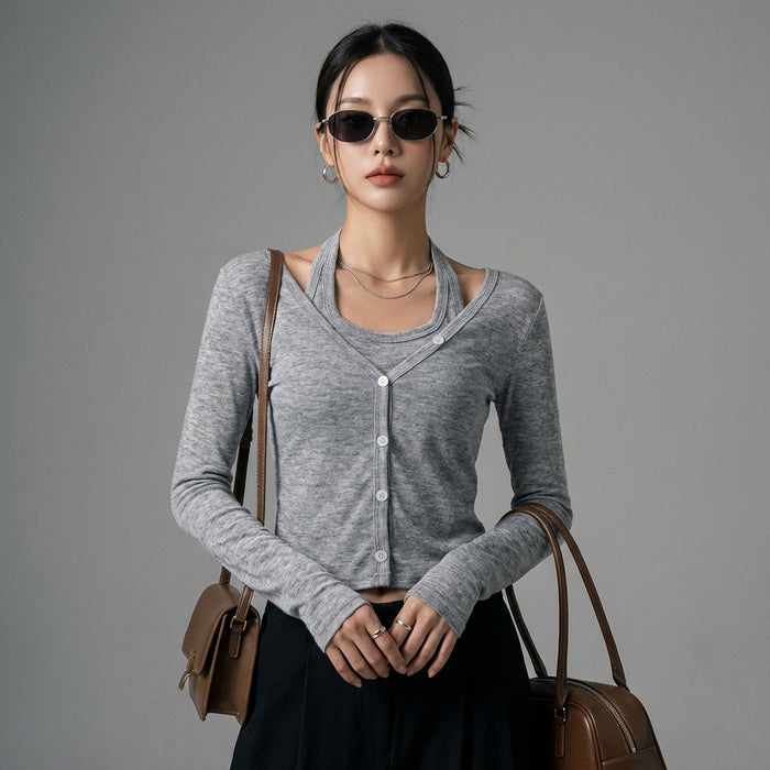 Top tricoté manches longues faux deux pièces gris - Koreanxwear - Taille S