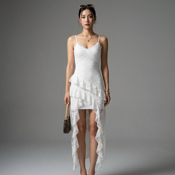 Robe camisole blanche en dentelle, ourlet irrégulier - Koreanxwear - Taille S