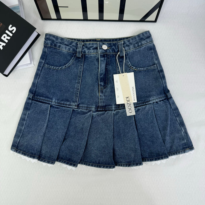 Lace trim pleated denim half-length skirt