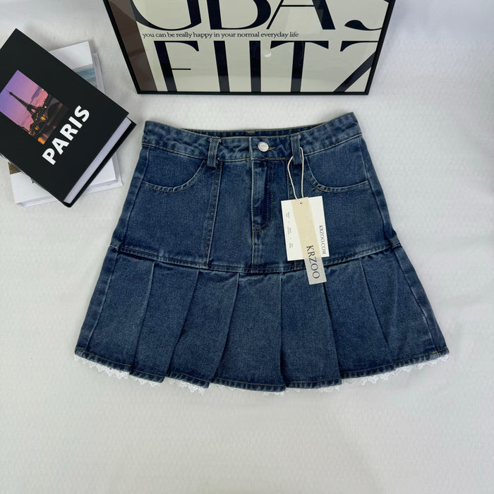 Lace trim pleated denim half-length skirt
