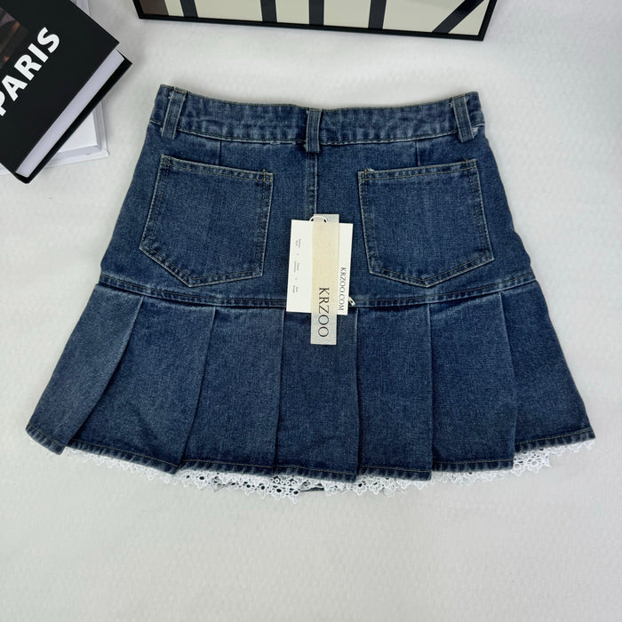 Lace trim pleated denim half-length skirt
