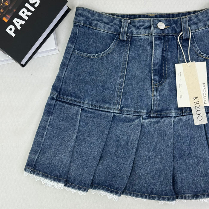 Lace trim pleated denim half-length skirt