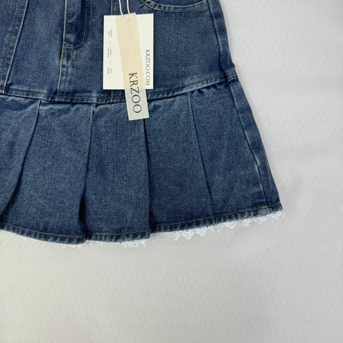 Lace trim pleated denim half-length skirt