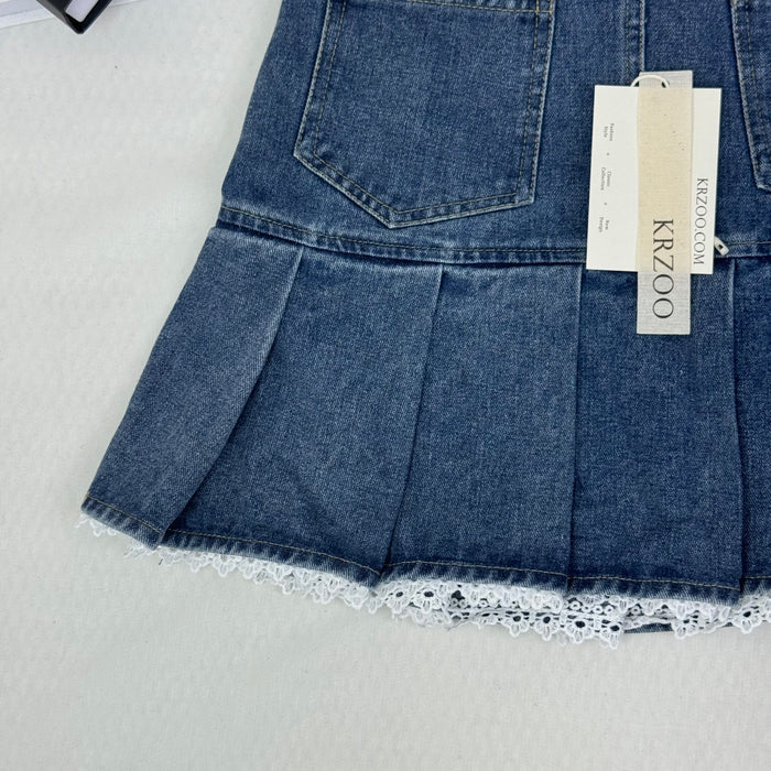 Lace trim pleated denim half-length skirt