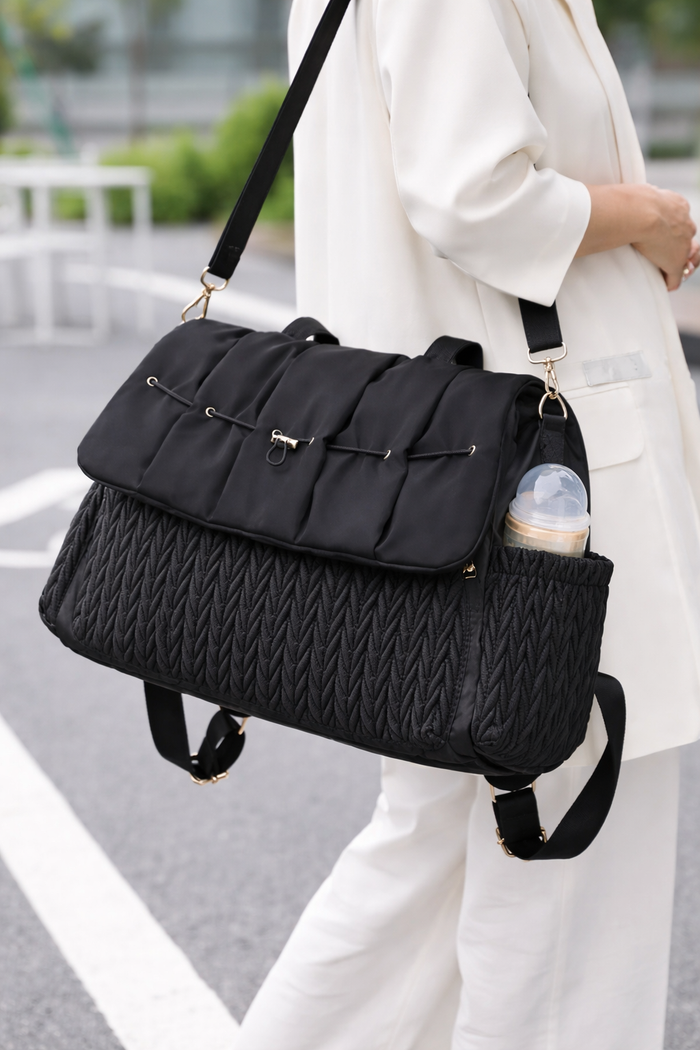 Large Black Quilted Maternity Diaper Bag Backpack – Multi Pocket Baby Travel Bag – Stylish Mom Shoulder Bag