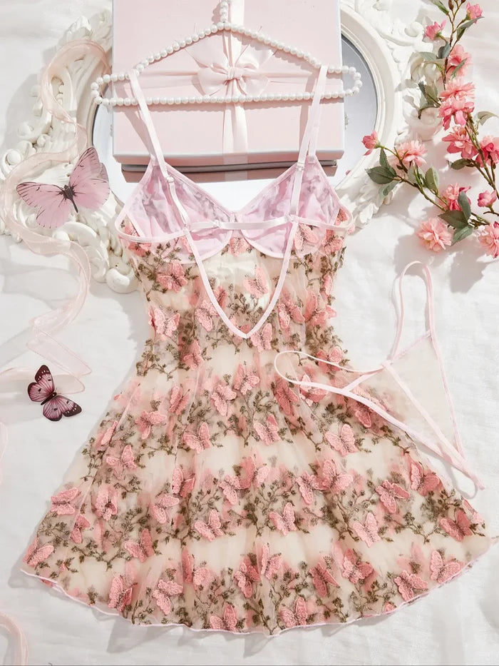 Lavender Muse Butterfly Embroidered Camisole Dress Set