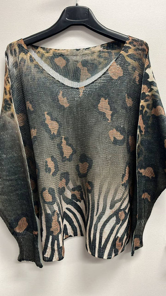 Leopard Fall V- Neck Knit Printed Sweater