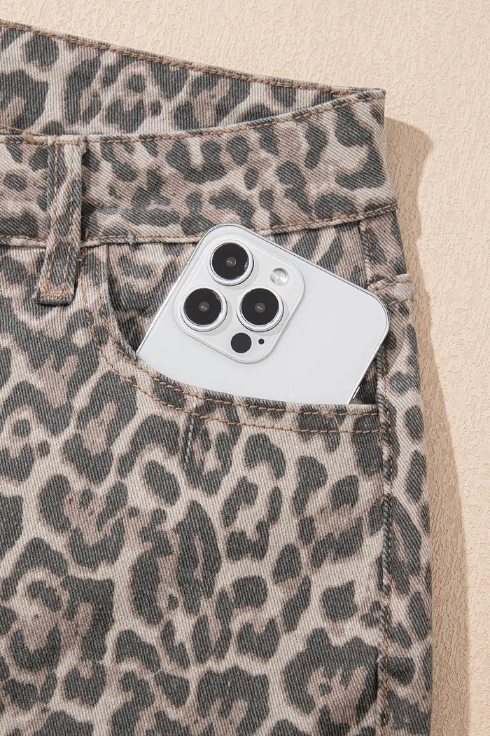 Leopard Frayed Wide Leg Jeans