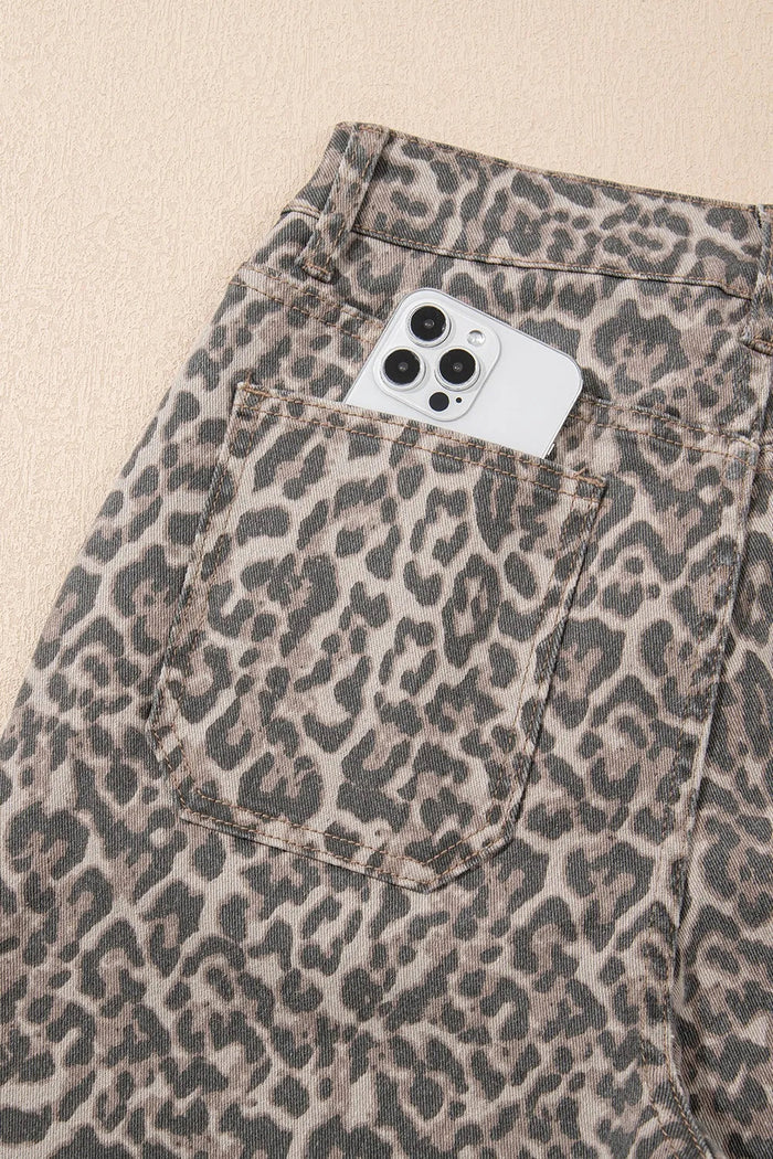 Leopard Frayed Wide Leg Jeans