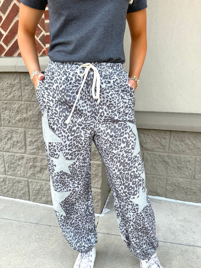 Leopard Print Star Patched Drawstring Elastic Waist Jogger {2 Colorways}