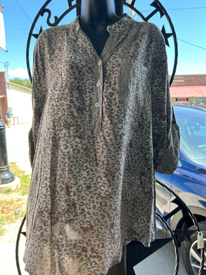 Leopard Sequin Pocket Top