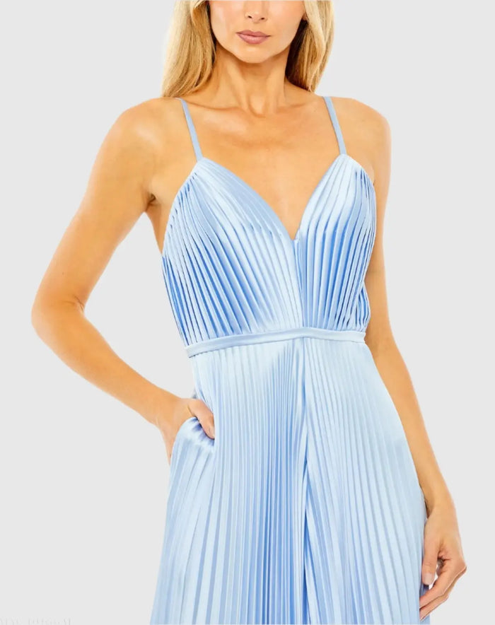 Light Blue Pleated Plunge Neck Wide Leg Jumpsuit - Mac Duggal