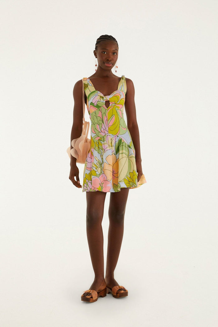 FARM Rio model wearing the Light Blue Spring Affair Cut-Out Euroflax Premium Linen Mini Dress
